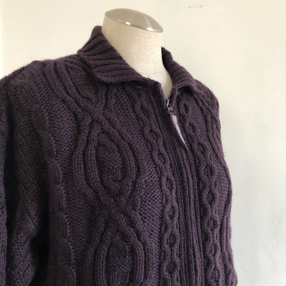 Aran Crafts women's 100% wool zip-up cable knit sweater in eggplant.Size M. NWOT